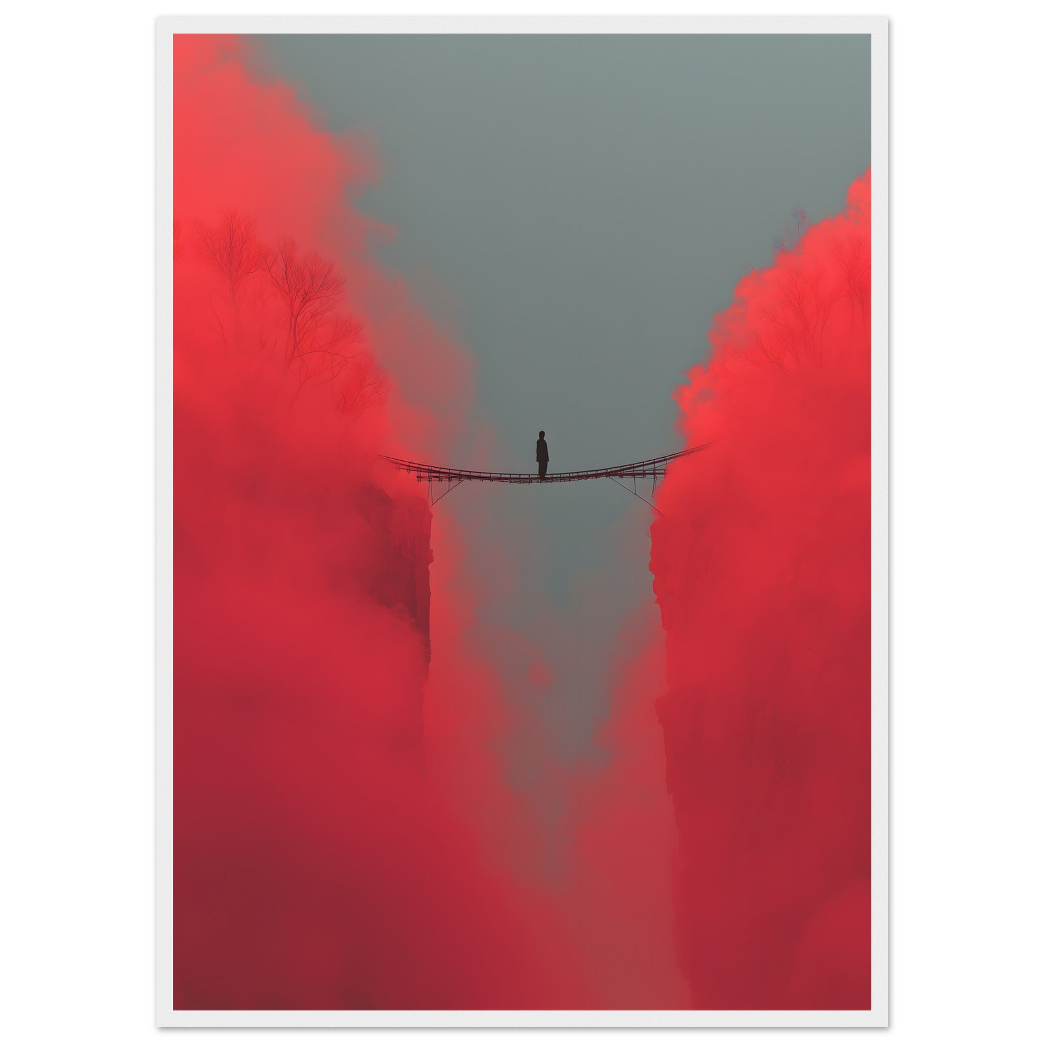 Minimalistisches Poster mit einer kleinen Silhouette auf einer kleinen Brücke in einer Schlucht zwischen 2 Felsen. Poster mit weißen Holzrahmen.