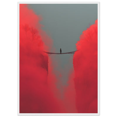 Minimalistisches Poster mit einer kleinen Silhouette auf einer kleinen Brücke in einer Schlucht zwischen 2 Felsen. Poster mit weißen Holzrahmen.