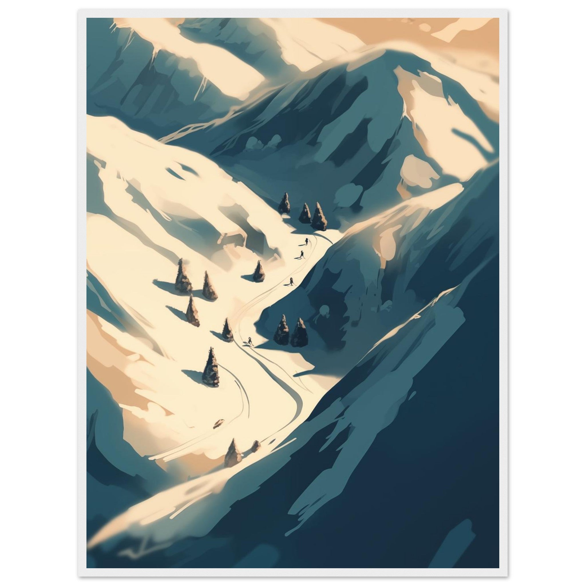 Ski Motiv im weißen Schattenfugenrahmen: Helle Rahmung verstärkt die Reinheit des Schnees und die moderne Winter-Ästhetik.