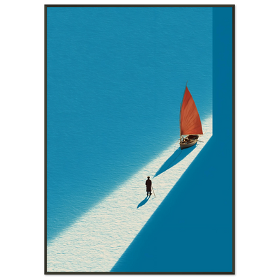 Minimalistisches Poster einer Silhouette, die ein kleines rotes Boot über einen gefrorenen, weißen See zieht. Poster im schwarzen Holzrahmen.
Minimalitisches Interior Design.