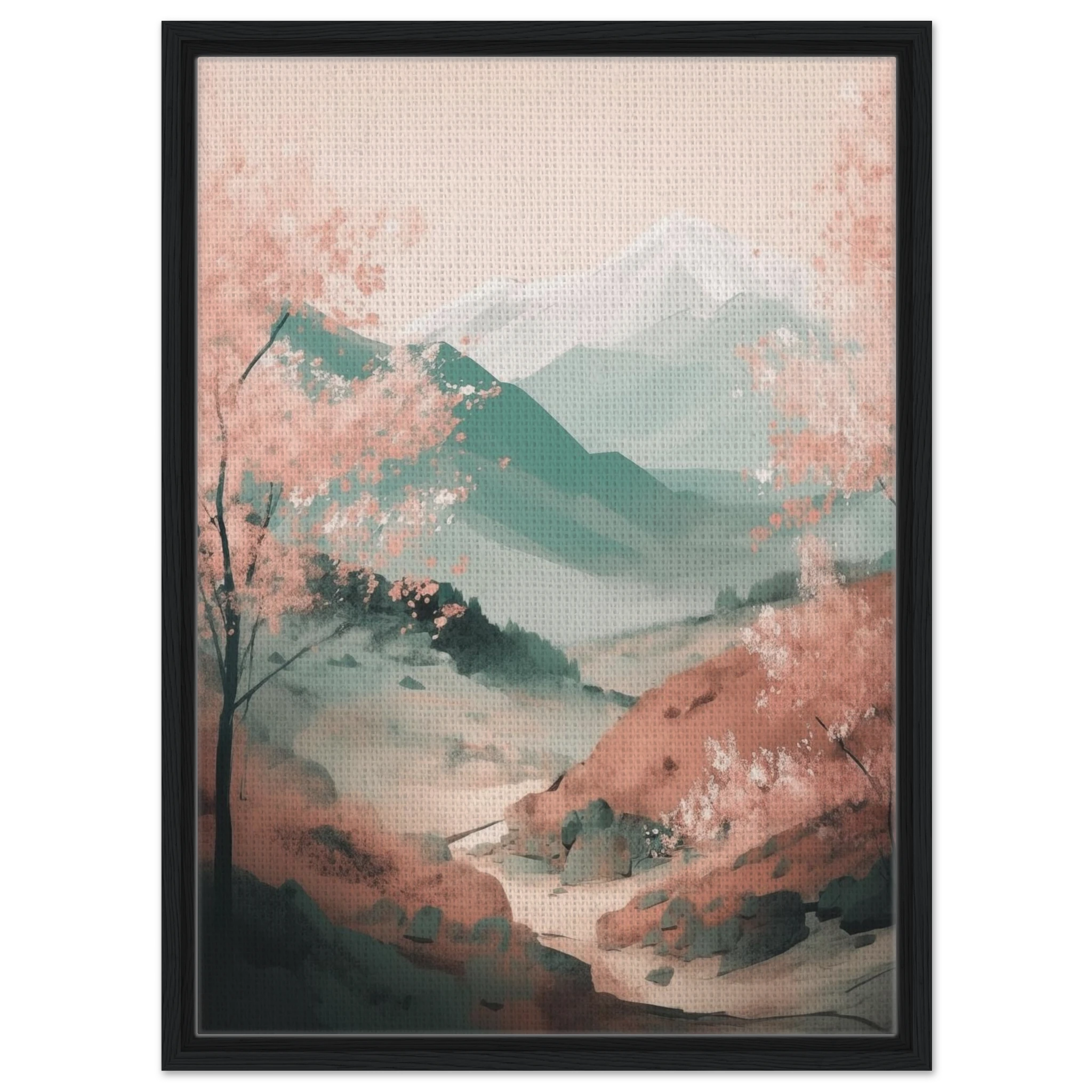 Wandbild Japan im schwarzen Holzrahmen: Natürliche Eiche harmoniert sanft mit den zarten rosa Sakura-Blüten.