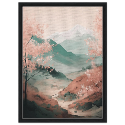 Wandbild Japan im schwarzen Holzrahmen: Natürliche Eiche harmoniert sanft mit den zarten rosa Sakura-Blüten.