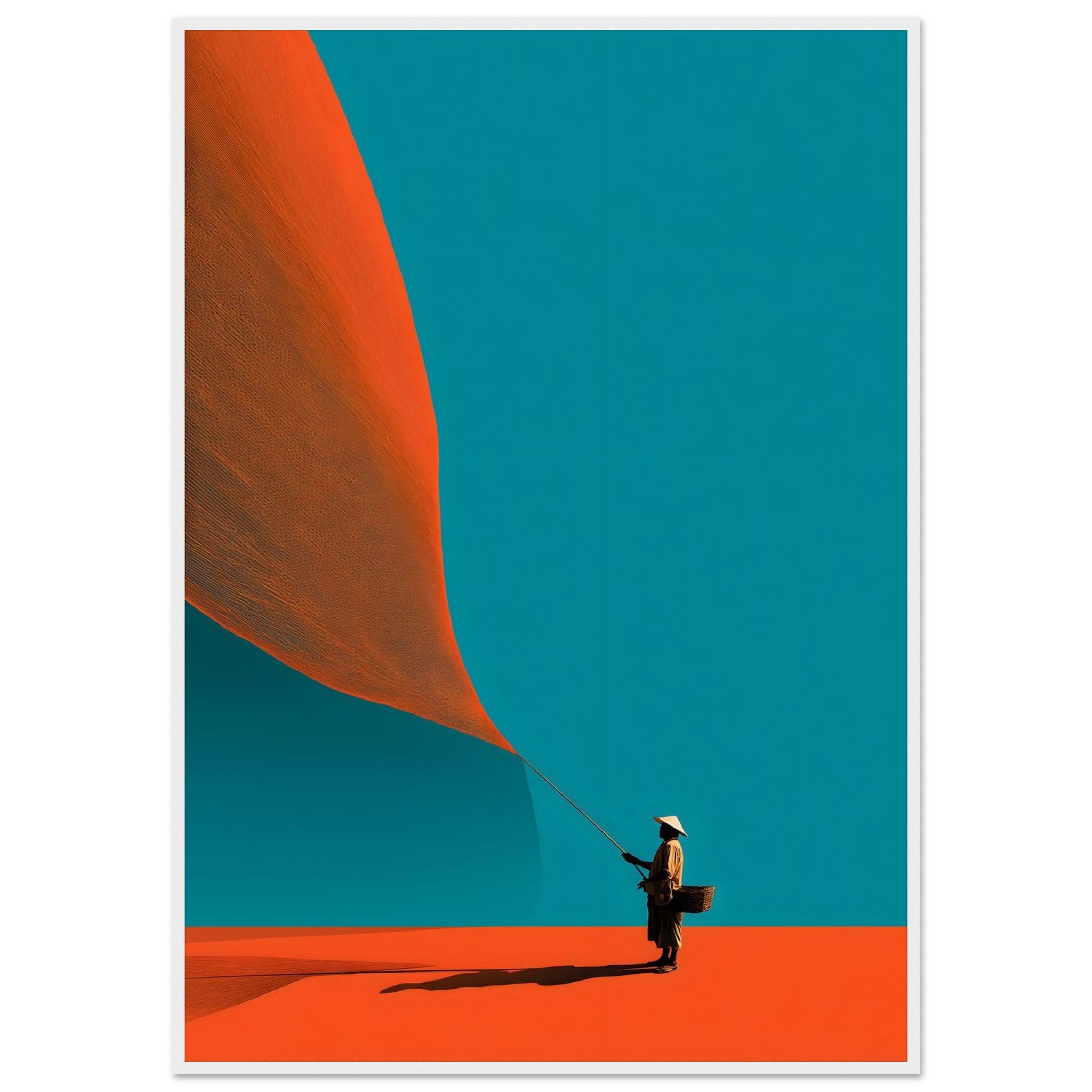 Abstraktes minimalistisches Poster eines Fischers mit asiatischem Hut, der ein riesiges orangefarbenes Netz vor türkisem Hintergrund hält. Japanese Skandi Style.
Poster im weißen Holzrahmen.