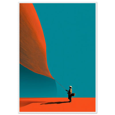 Abstraktes minimalistisches Poster eines Fischers mit asiatischem Hut, der ein riesiges orangefarbenes Netz vor türkisem Hintergrund hält. Japanese Skandi Style.
Poster im weißen Holzrahmen.