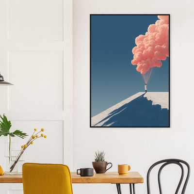 Surreales Wolken-Wandbild im schwarzen Holzrahmen für ein helles, modernes Kinderzimmer oder Büro.
