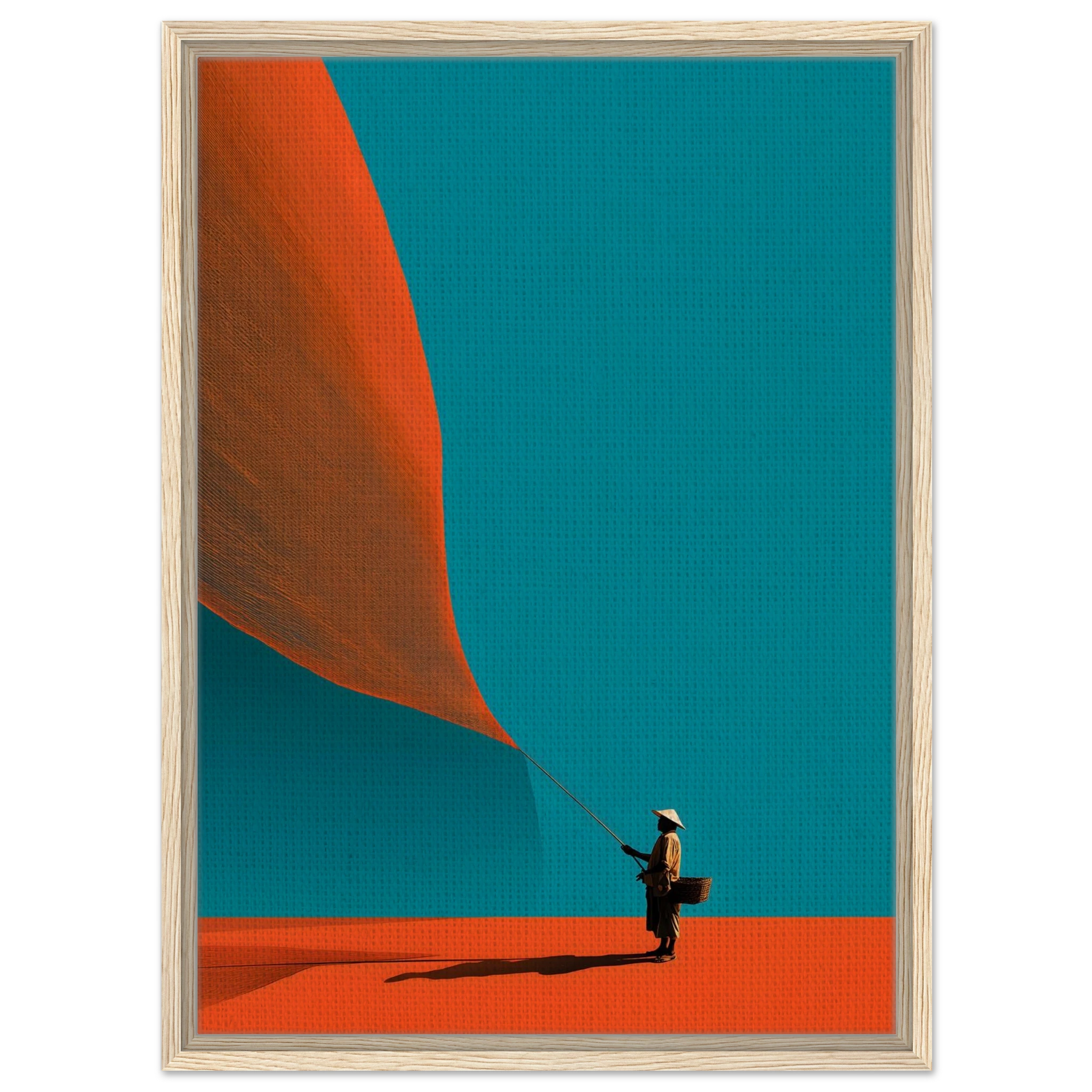 Abstraktes minimalistisches Poster eines Fischers mit asiatischem Hut, der ein riesiges orangefarbenes Netz vor türkisem Hintergrund hält.
Leinwand im hellen Holzrahmen.