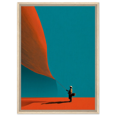 Abstraktes minimalistisches Poster eines Fischers mit asiatischem Hut, der ein riesiges orangefarbenes Netz vor türkisem Hintergrund hält.
Leinwand im hellen Holzrahmen.