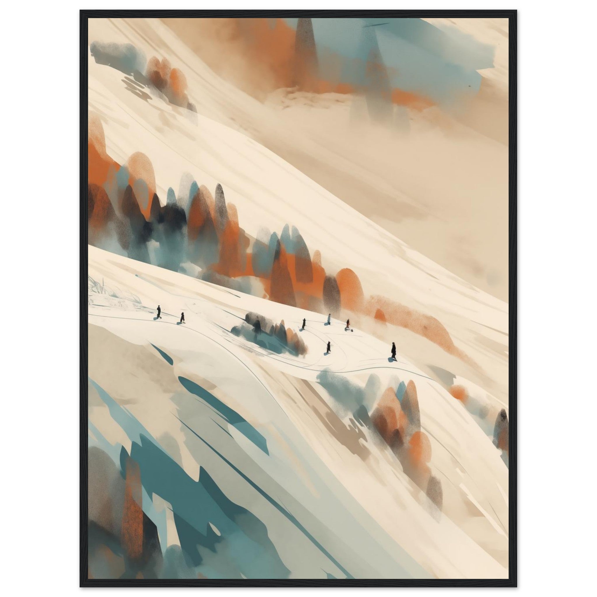 Gerahmter Kunstdruck in Schwarz: Dunkler Rahmen setzt klare Kontraste zur weißen Piste und den Skifahrern.