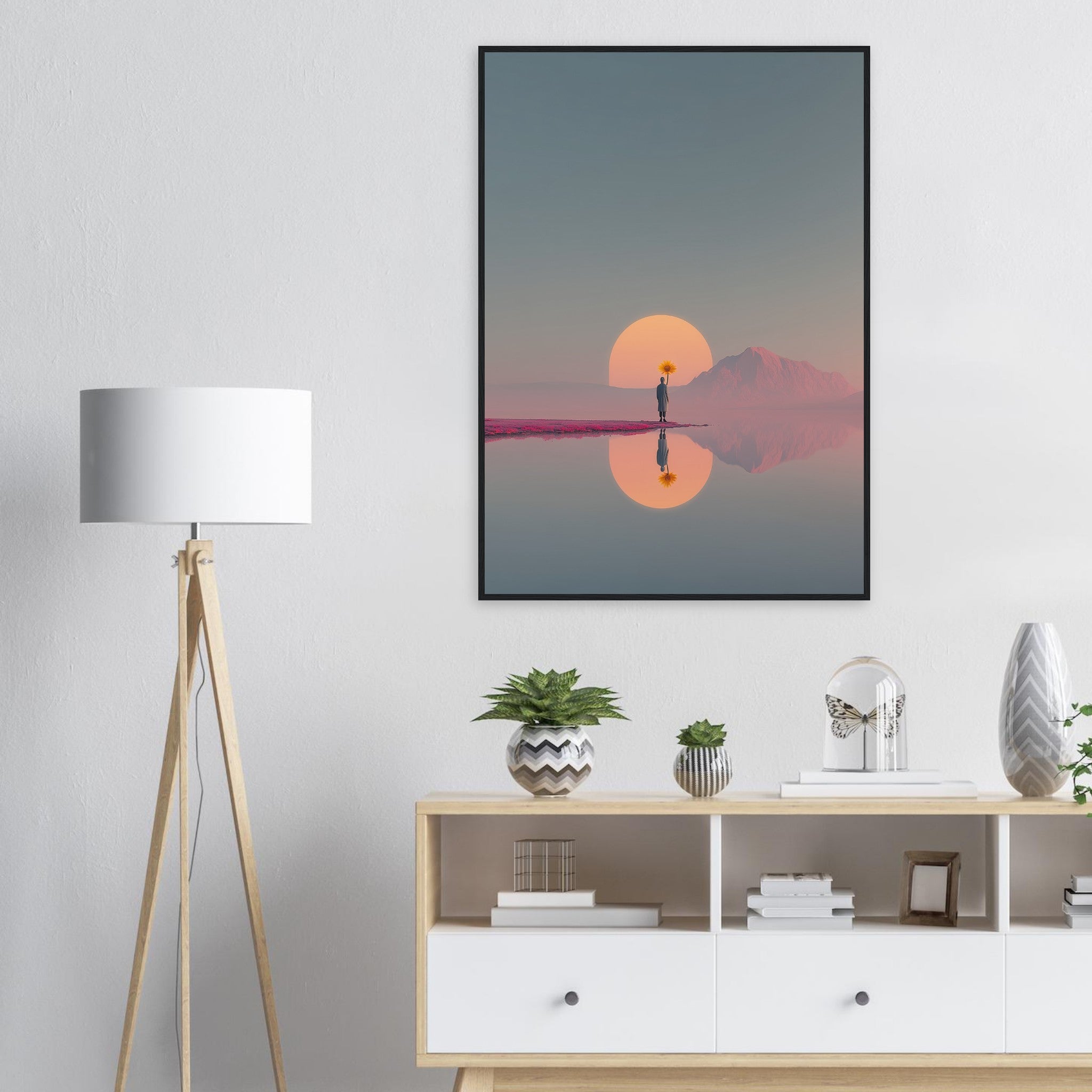 Modernes Architektur-Wandbild im schwarzen Metallrahmen für puristische Einrichtungen.