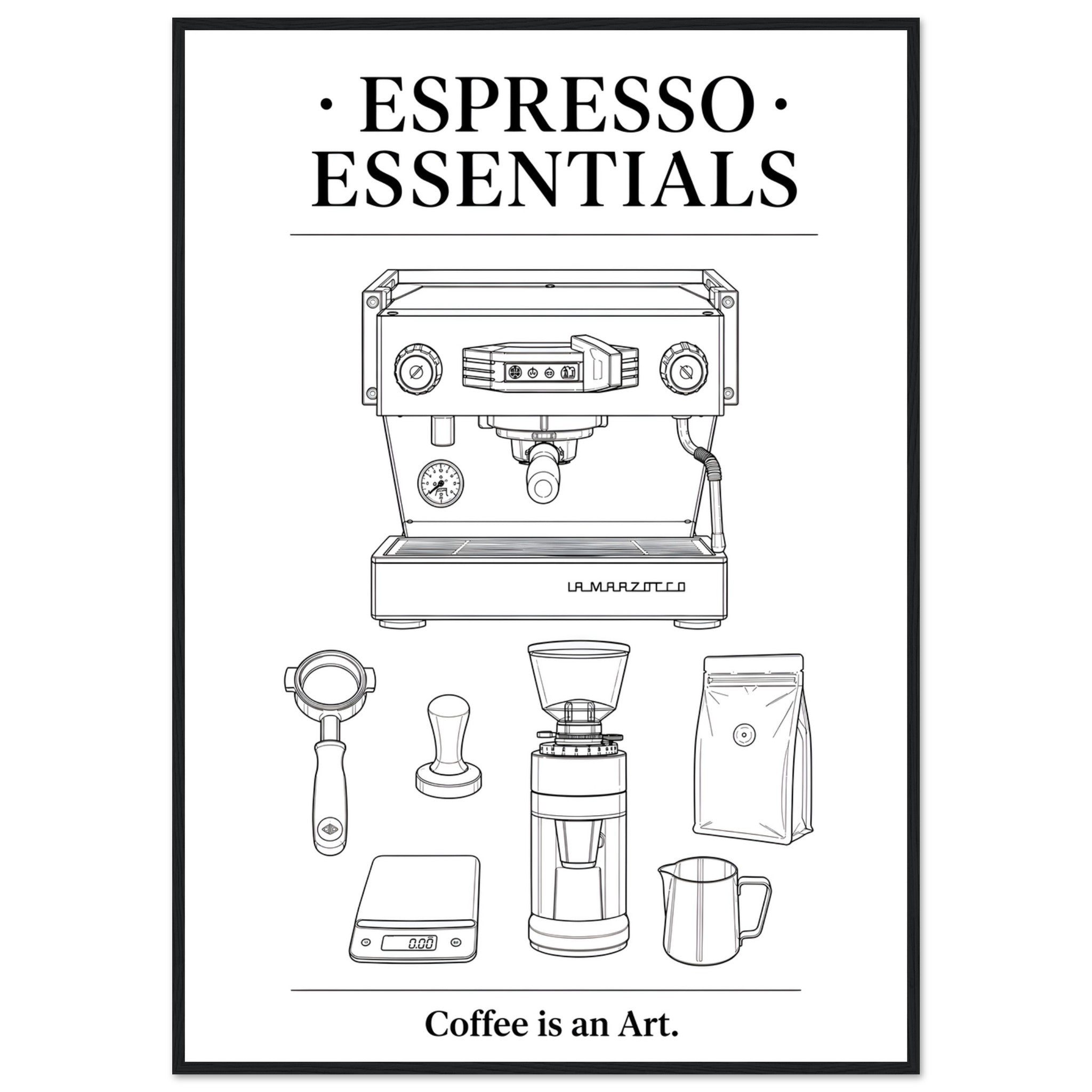 Minimalistisches Lineart-Poster Espresso Essentials mit Siebträgermaschine, Mühle und Barista-Zubehör.