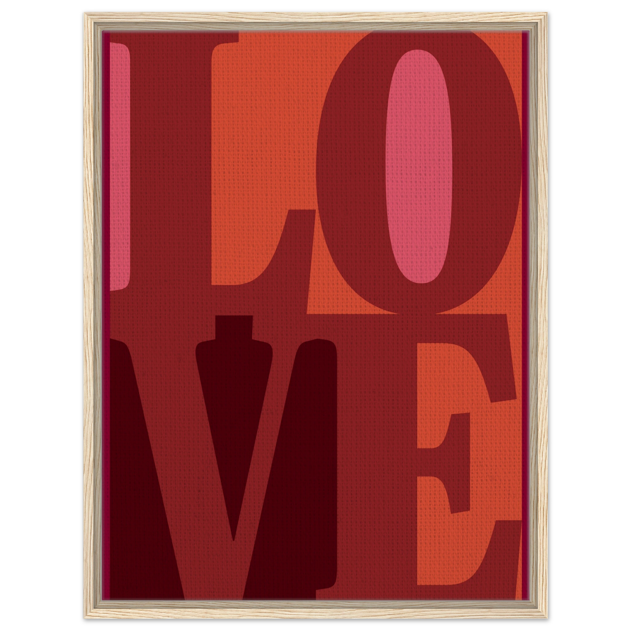 Typografie Bild LOVE im hellen Holzrahmen, warmer Kontrast für moderne Innenräume. 