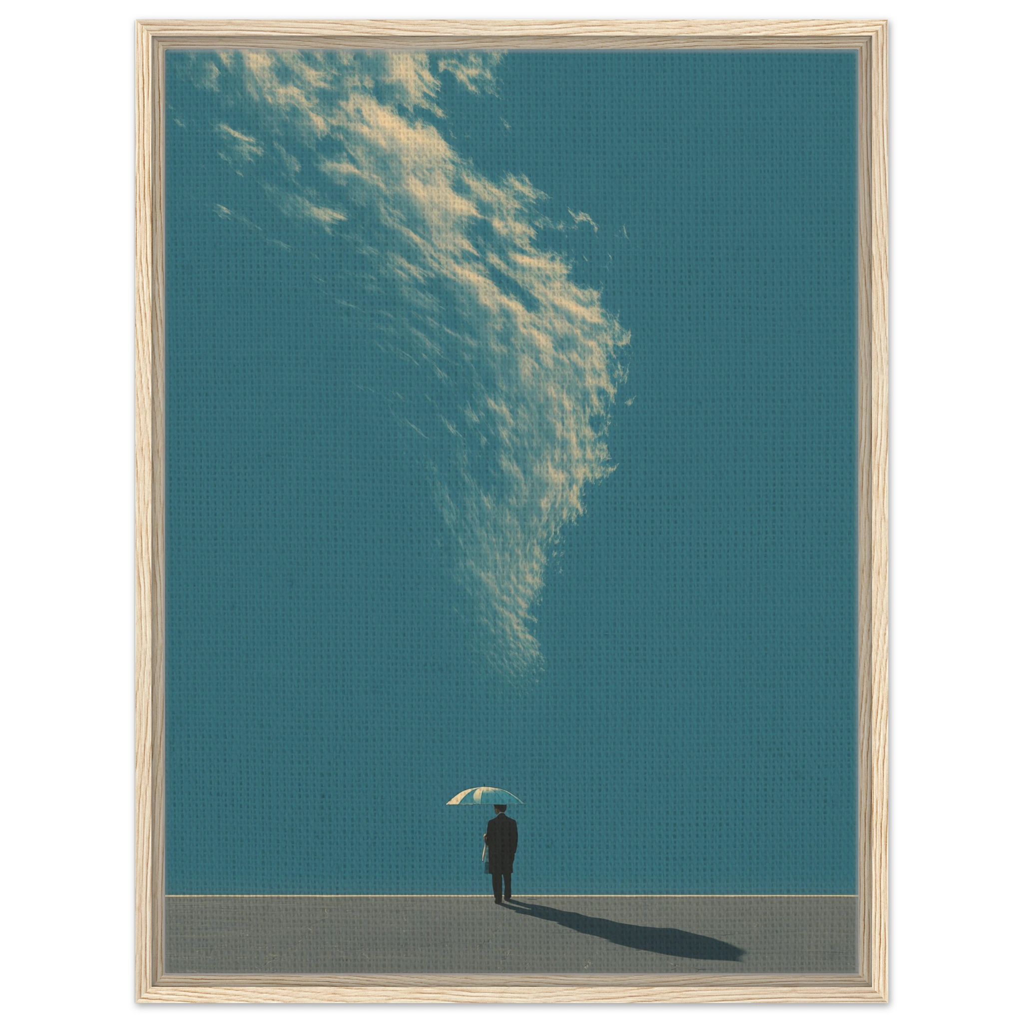Minimalistisches Poster einer einsamen Figur in einem hellen Lichtstrahl zwischen dunkler Geometrie.