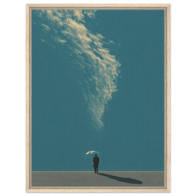 Minimalistisches Poster einer einsamen Figur in einem hellen Lichtstrahl zwischen dunkler Geometrie.