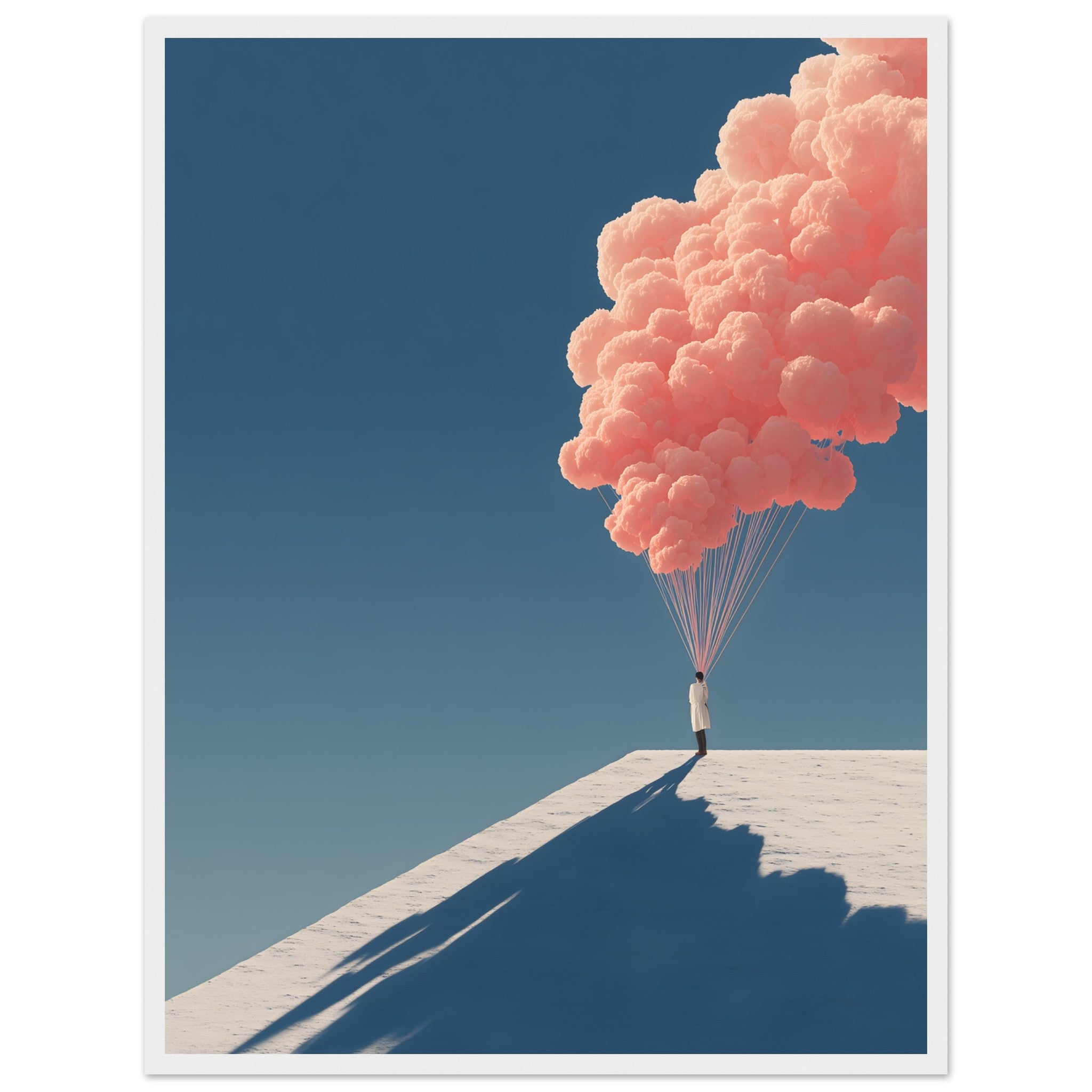 Minimalistisches Poster einer Figur, die an einem Bündel kleiner Wolken wie an Ballons in den Himmel schwebt. Disney Oben. Poster im weißen Holzrahmen.