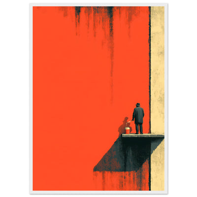 Minimalistisches Poster einer Figur auf einer Hebebühne, die eine endlose rote Wand gelb streicht. Alter Mann Ästhetik. Minimalistisches Interior.
Poster im weißen Holzrahmen. 