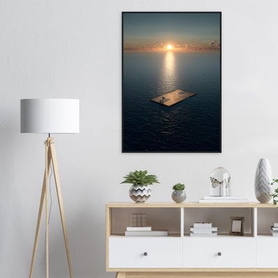 Großformatiges Wandbild über dem Sofa: Die Zentralperspektive des Basketballplatzes auf dem Meer zieht den Blick in die Tiefe und vergrößert optisch den Raum. Die warme Lichtstimmung des Sonnenuntergangs sorgt für ein gemütliches Ambiente im Wohnbereich.