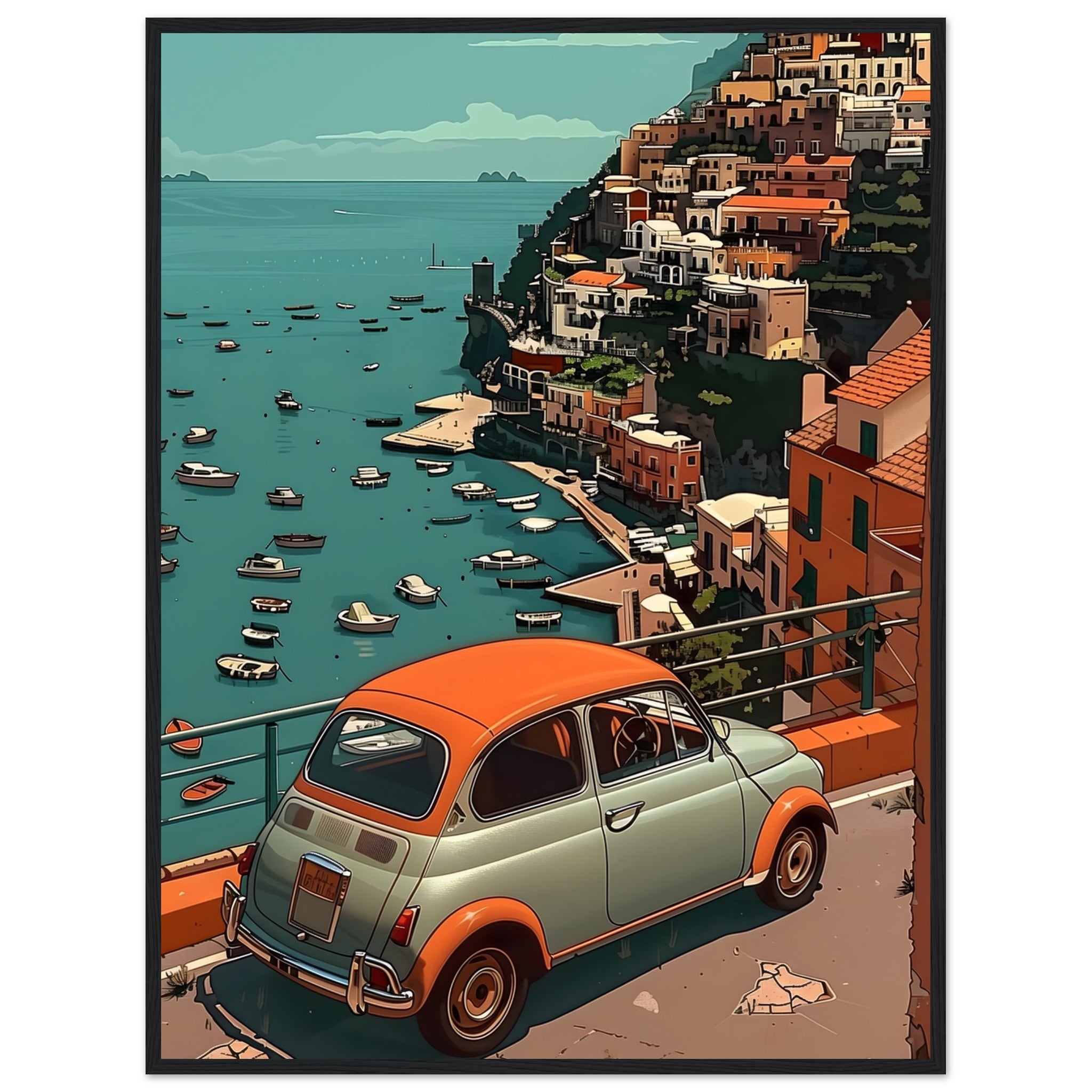 Gerahmter Kunstdruck in Schwarz: Dunkler Rahmen verleiht dem Vintage-Fiat vor Neapel zeitlose Eleganz.