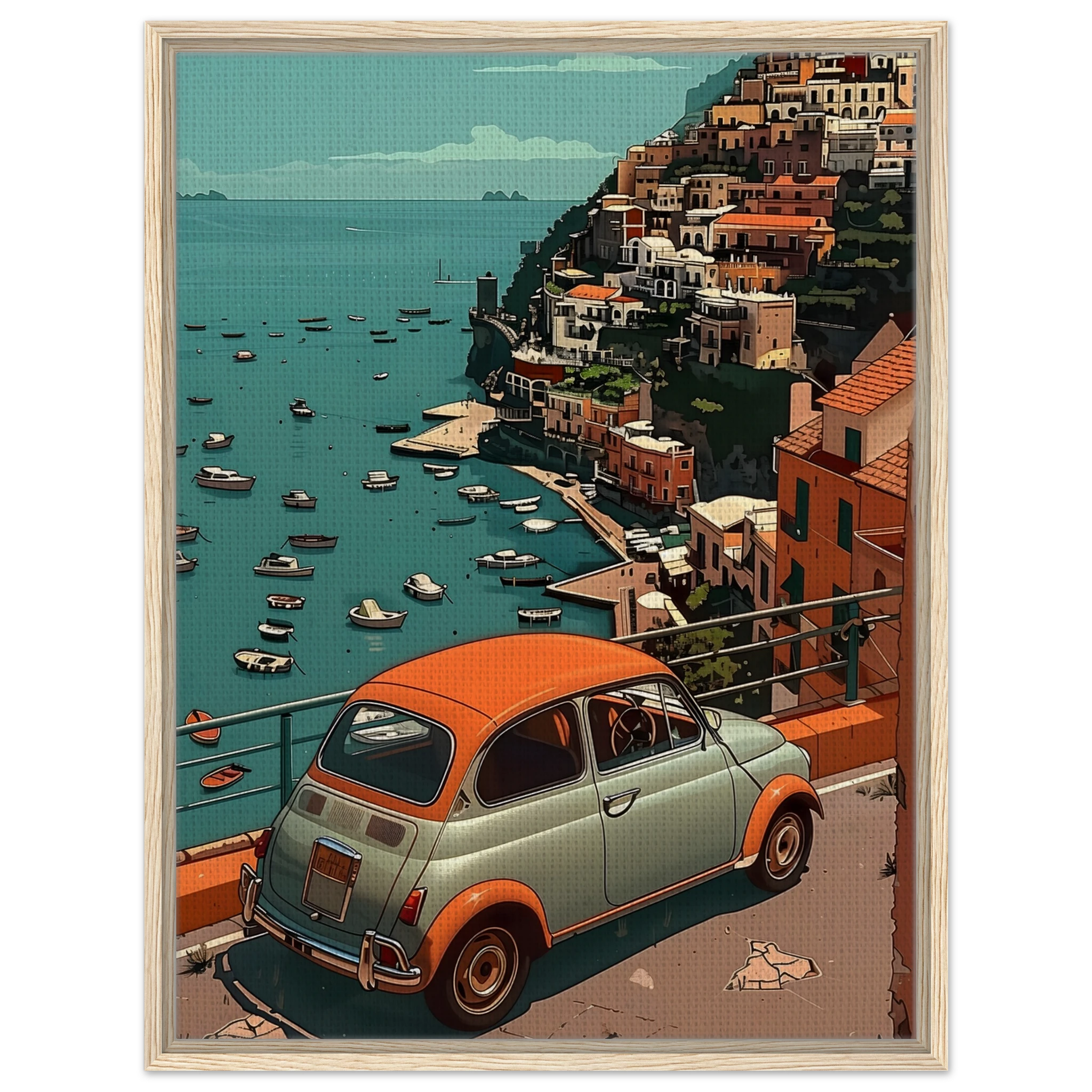 Wandbild Fiat im hellen Holzrahmen: Natürliche Eichen-Optik unterstreicht den nostalgischen Charme des italienischen Oldtimers.