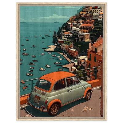 Wandbild Fiat im hellen Holzrahmen: Natürliche Eichen-Optik unterstreicht den nostalgischen Charme des italienischen Oldtimers.