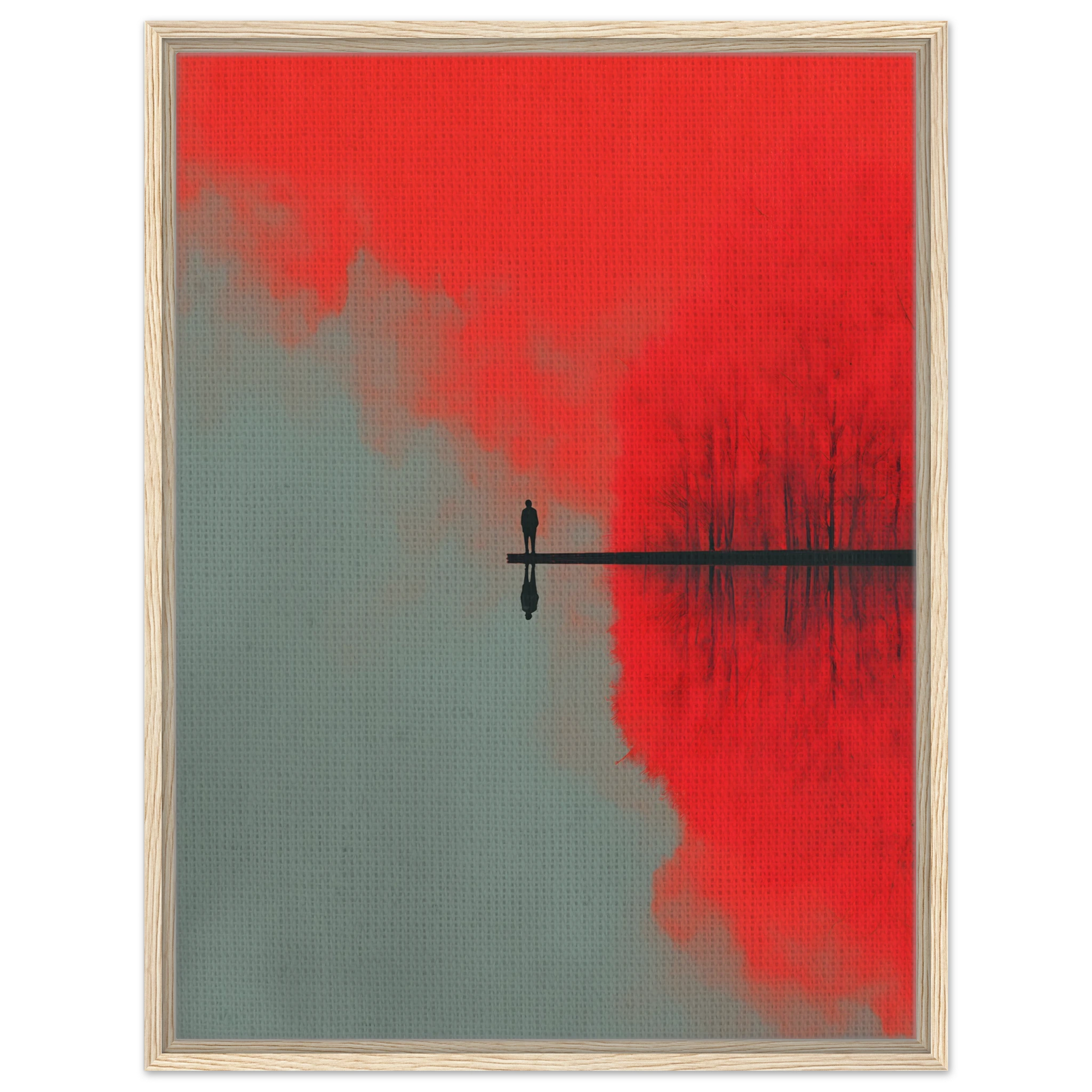 Minimalistisches Poster einer Silhouette auf einem langen Steg mit perfekter Spiegelung im Wasser. Deep meaning. Skndinavian Interior. 
Leinwand im hellen Holzrahmen.