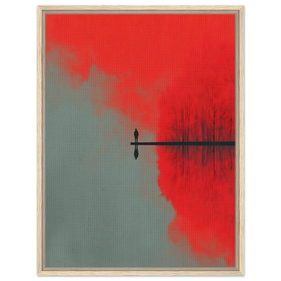 Minimalistisches Poster einer Silhouette auf einem langen Steg mit perfekter Spiegelung im Wasser. Deep meaning. Skndinavian Interior. 
Leinwand im hellen Holzrahmen.
