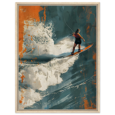 Wandbild Wakesurf im hellen Holzrahmen: Natürliche Eichen-Optik unterstreicht die Dynamik und Freiheit der Wellenreiterin.